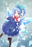  :d adapted_costume ahoge bangs blue_bow blue_eyes blue_hair blue_legwear boots bow broken buttons cirno coat cross-laced_footwear earmuffs eyebrows eyebrows_visible_through_hair hair_bow ice ice_wings lace-up_boots legs_apart long_sleeves looking_at_viewer messy_hair mitsucho mittens open_mouth outstretched_arms pantyhose pom_pom_(clothes) red_bow short_hair smile snowflakes solo stitches teeth touhou wings winter_clothes 
