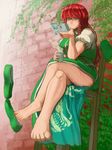 bangs barefoot blue_eyes braid breasts brick_wall chair chinese_clothes crossed_legs dragon dragon_ball dragon_print eastern_dragon hong_meiling koyubi_(littlefinger1988) large_breasts long_hair manga_(object) parted_bangs piccolo puffy_short_sleeves puffy_sleeves reading red_hair scar shoe_dangle shoes short_sleeves single_shoe sitting smile solo touhou twin_braids 