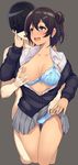  1girl assisted_exposure black_hair blindfold blush bra breast_grab breasts earrings grabbing hair_bun hetero highres jewelry large_breasts nipples original panties ponkotsu_(ayarosu) school_uniform short_hair skirt skirt_lift solo_focus underwear 