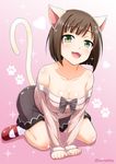  :3 :d all_fours animal_ears artist_name bangs bare_shoulders blush breasts brown_hair brown_skirt cat_ears cat_paws cat_tail cleavage collarbone fang full_body fur_trim green_eyes hanging_breasts head_tilt heart idolmaster idolmaster_cinderella_girls knee_blush long_sleeves maekawa_miku mary_janes medium_breasts off_shoulder open_mouth paws pink_background red_footwear shoes simple_background skirt smile socks solo sparkle sweater tail tomokichi white_legwear 