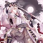  atea black_gloves blood blood_on_face bloody_clothes bloody_weapon cherry_blossoms full_moon gloves hood japanese_clothes katana male_focus moon partly_fingerless_gloves petals pom_pom_(clothes) smile solo sword touken_ranbu tsurumaru_kuninaga weapon white_hair yellow_eyes 