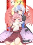  animal_ears blue_hair blush dress hat head_wings horns kotarou_(yukina1721) multicolored_hair multiple_girls mystia_lorelei open_mouth pink_hair red_eyes red_wings short_hair silver_hair single_head_wing smile tokiko_(touhou) touhou two-tone_hair wings 