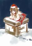  bangs blush breasts brown_hair chimney choker christmas cleavage commentary elbow_gloves gloves green_eyes hat highres killuapotter large_breasts long_hair night night_sky original personification red_lips santa_hat sketch sky snow solo stuck teeth 