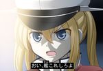  blonde_hair blue_eyes capelet fudou_yuusei graf_zeppelin_(kantai_collection) hat kantai_collection long_hair looking_at_viewer nichika_(nitikapo) parody peaked_cap solo translated twintails yuu-gi-ou yuu-gi-ou_5d's 