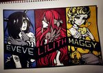  bible bird black_hair blindfold blonde_hair candle character_name cross demon_boy demon_horns eve_(the_binding_of_isaac) genderswap genderswap_(mtf) hair_over_one_eye heart highres horns incubus koreneko lilith_(the_binding_of_isaac) long_hair maggy_(the_binding_of_isaac) marker_(medium) multiple_girls multiple_persona red_hair short_hair sketch sketchbook tattoo the_binding_of_isaac traditional_media typo wings 