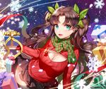  :d adapted_costume bangs black_legwear black_skirt blue_eyes box breasts brown_hair christmas christmas_tree cleavage eyebrows eyebrows_visible_through_hair fate/stay_night fate_(series) ganik gift gift_box glowing hair_ribbon holding holding_gift jewelry large_breasts leaf leaning_to_the_side lens_flare long_hair long_sleeves looking_at_viewer meme_attire miniskirt night night_sky open-chest_sweater open_mouth palms parted_bangs pendant plaid plaid_scarf pleated_skirt red_ribbon ribbed_sweater ribbon scarf skirt sky smile snowflakes snowing solo sparkle star_(sky) sweater thighhighs toosaka_rin two_side_up upskirt very_long_hair 