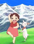  :d alps_no_shoujo_heidi arm_up barefoot bell blush_stickers child dancing dress goat heidi highres lafolie mountain oldschool open_mouth osomatsu-kun outdoors pose sheeeh! short_hair smile standing standing_on_one_leg teeth very_short_hair world_masterpiece_theater 