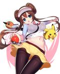  bag between_breasts black_legwear blue_eyes blush breasts brown_hair double_bun fletchling gen_1_pokemon gen_6_pokemon hat holding holding_poke_ball impossible_clothes impossible_shirt large_breasts legwear_under_shorts long_hair mei_(pokemon) navel open_mouth outstretched_arm pantyhose pantyhose_under_shorts pikachu poke_ball pokemon pokemon_(creature) pokemon_(game) pokemon_bw2 raglan_sleeves ririko_(zhuoyandesailaer) shirt shorts thighband_pantyhose twintails visor_cap watch wristwatch 