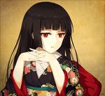  black_hair black_kimono enma_ai floral_print hime_cut interlocked_fingers japanese_clothes jigoku_shoujo kimono long_hair long_sleeves obi red_eyes rin_yuu sash seigaiha solo upper_body very_long_hair 