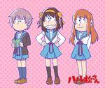  arms_behind_back asahina_mikuru bangs book brown_hair cardigan grey_hair hair_ribbon hairband hands_on_hips kita_high_school_uniform long_hair multiple_girls nagato_yuki orange_hairband osomatsu-san parody pink_background polka_dot polka_dot_background reading ribbon school_uniform serafuku short_hair style_parody suzumiya_haruhi suzumiya_haruhi_no_yuuutsu taiki_(6240taiki) title_parody 