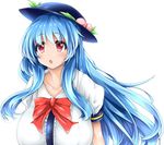  blue_hair bow breasts food fruit hat hinanawi_tenshi huge_breasts hydrant_(kasozama) long_hair open_mouth peach red_eyes ribbon solo touhou 