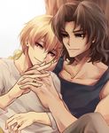  blonde_hair brown_hair fate/stay_night fate_(series) fimyuan gilgamesh kotomine_kirei male_focus multiple_boys red_eyes 