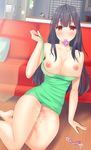  barefoot black_hair blush breasts brown_eyes condom condom_in_mouth couch cum cum_on_body cum_on_lower_body dress green_dress large_breasts long_hair looking_at_viewer mouth_hold nipples no_bra no_panties on_floor original sitting smile solo strap_lift symfo yokozuwari 