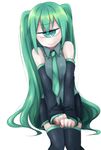  bare_shoulders black_legwear cyclops detached_sleeves green_eyes green_hair hatsune_miku highres long_hair looking_at_viewer necktie one-eyed simple_background skirt smile solo takano thighhighs twintails v_arms very_long_hair vocaloid white_background 