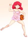  babydoll bare_legs bare_shoulders baseball baseball_mitt cigarette highres lafolie maison_ikkoku pose red_hair roppongi_akemi sandals simple_background solo strap_slip throwing 