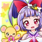  :d ;d bear black_hat blush bow brooch creature cure_magical gem hair_bow hat hinata_naomi huge_bow izayoi_liko jewelry long_hair magical_girl mahou_girls_precure! mini_hat mini_witch_hat mofurun_(mahou_girls_precure!) one_eye_closed open_mouth pink_bow precure purple_hair red_bow red_eyes smile star upper_body witch_hat yellow_background 