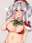  :p absurdres bell blue_eyes breasts capelet christmas cleavage hat heart heart-shaped_pupils highres kantai_collection kashima_(kantai_collection) large_breasts navel nipple_slip nipples osiimi ribbon santa_hat silver_hair simple_background solo symbol-shaped_pupils tongue tongue_out underwear 
