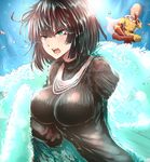  1girl :o bald belt black_eyes black_hair blush bodysuit boots breasts cape floating floating_rock fubuki_(one-punch_man) fur fur_cape gloves green_eyes hair_between_eyes jewelry knee_boots large_breasts levitation necklace nose_picking one-punch_man open_mouth red_footwear red_gloves ribbed_sweater saitama_(one-punch_man) short_hair skin_tight sweater tai_(nazutai) turtleneck upper_body v-shaped_eyebrows white_cape zipper 