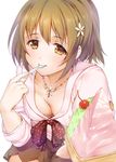 bangs bow bra_slip breasts brown_hair brown_shorts cherry cleavage collarbone downblouse eating flower food from_above fruit hair_flower hair_ornament holding holding_food holding_spoon ice_cream_spoon idolmaster idolmaster_cinderella_girls jewelry looking_at_viewer medium_breasts mimura_kanako necklace polka_dot polka_dot_bow reaching short_hair shorts simple_background solo spoon sweets takahata_yuki upper_body white_background yellow_eyes 