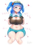  adapted_costume black_bra black_gloves blue_eyes blue_hair blush bra breasts cleavage doyouwantto gloves hair_bobbles hair_ornament hands_on_own_chest hat heart kawashiro_nitori large_breasts long_hair looking_at_viewer midriff navel shirt_lift shorts sitting solo sports_bra touhou translated twintails two_side_up underwear wide_hips 