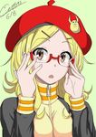  adjusting_eyewear bad_id bad_pixiv_id beret blonde_hair brown_eyes cototiworld glasses green_background hair_ornament hairclip hat highres hiiragi_anri_(yumekui_merry) looking_at_viewer open_mouth red-framed_eyewear semi-rimless_eyewear signature simple_background solo yumekui_merry 