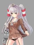  absurdres amatsukaze_(kantai_collection) bad_id bad_pixiv_id black_bikini_bottom brown_eyes brown_shirt buttons cannon carrying_over_shoulder cowboy_shot frown gloves grey_background hair_tubes highres kantai_collection loading_(vkjim0610) long_hair long_sleeves looking_at_viewer over_shoulder rensouhou-kun robot sailor_collar see-through shirt silver_hair simple_background single_glove solo suggestive_fluid two_side_up very_long_hair white_gloves 