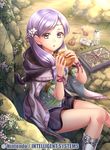  apple book boots bottle bread cape eating fire_emblem fire_emblem:_souen_no_kiseki fire_emblem_cipher flower food fruit fumi_(butakotai) hair_flower hair_ornament ilyana long_hair official_art open_mouth purple_eyes purple_hair rock sitting solo twintails 