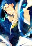  :d armpits blue_hair blue_vest blurry collarbone creat cropped_vest cu_chulainn_(fate/grand_order) depth_of_field fate/grand_order fate_(series) foreshortening fur_collar grin lancer light_particles looking_at_viewer male_focus open_clothes open_mouth open_vest outstretched_arm red_eyes skin_tight smile solo sweatband teeth upper_body vest 