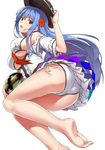  ass barefoot bikini blue_hair breasts feet food fruit hat hat_tip hinanawi_tenshi holding holding_hat large_breasts long_hair looking_at_viewer neropaso open_clothes open_mouth open_shirt red_eyes shirt side-tie_bikini soles solo swimsuit toes touhou underboob very_long_hair watermelon white_bikini 