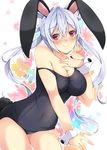  ahoge animal_ears bare_shoulders black_swimsuit breasts bunny_ears bunny_tail cleavage collarbone competition_school_swimsuit covered_navel cowboy_shot floral_background hair_between_eyes hand_on_own_chest highres large_breasts leaning_forward long_hair looking_at_viewer matoi_(pso2) milkpanda off_shoulder one-piece_swimsuit phantasy_star phantasy_star_online_2 red_eyes school_swimsuit silver_hair simple_background skin_tight smile solo swimsuit tail thighs twintails wrist_cuffs 
