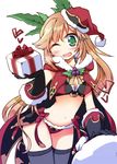  adapted_costume alternate_costume alternate_hairstyle bikini black_gloves blue_legwear blush box breasts cape christmas clarisse_(granblue_fantasy) gift gift_box gloves granblue_fantasy green_eyes hat heart holly light_brown_hair long_hair looking_at_viewer medium_breasts navel one_eye_closed open_mouth red_cape sack santa_costume santa_hat simple_background smile solo swimsuit thighhighs white_background yuuhi_alpha 
