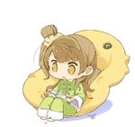  :o book brown_eyes brown_hair chibi dated hair_ornament hair_scrunchie holding holding_book long_hair love_live! love_live!_school_idol_project minami_kotori mota one_side_up pajamas pillow reading scrunchie sitting solo 