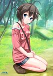  1girl ahoge alternate_hairstyle blue_eyes blush brown_hair casual grass hair_flaps highres kantai_collection kaze_makase kneeling looking_at_viewer off_shoulder outdoors shigure_(kantai_collection) signature smile solo tree twitter_username 