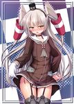  :o amatsukaze_(kantai_collection) black_hairband black_panties blush boots breasts brown_eyes brown_shirt buttons checkered checkered_background choker collarbone cowboy_shot garter_straps gloves grey_footwear grey_neckwear hair_between_eyes hair_tubes hairband hat kantai_collection kotaru long_hair long_sleeves looking_at_viewer mini_hat neckerchief nose_blush panties see-through shirt side-tie_panties simple_background single_glove small_breasts solo standing thigh_boots thigh_gap thighhighs two_side_up underwear very_long_hair white_gloves 