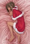  :d bare_legs barefoot bed_sheet blush brown_hair capelet dark_skin enoshito fur_trim hair_ornament highres hood i-401_(kantai_collection) kantai_collection looking_at_viewer lying nose_blush on_side open_mouth ponytail santa_costume short_hair smile solo 