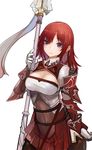  breasts cleavage gloves large_breasts light_smile long_hair polearm pupps red_eyes red_hair simple_background solo weapon white_background 