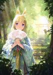  2015 animal_ears bangs blonde_hair bridge dated fan folding_fan forest fox_ears hands_together holding holding_fan japanese_clothes kimono lantern light_rays light_smile long_hair long_sleeves looking_at_viewer md5_mismatch miyai_haruki nature original outdoors plant purple_eyes ribbon-trimmed_sleeves ribbon_trim sash signature solo stairs sunbeam sunlight tassel torii wide_sleeves wooden_lantern 