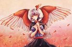  alternate_breast_size artist_name blue_hair blush breasts feathered_wings feathers hands_clasped head_wings horns large_breasts multicolored_hair neck_ribbon older orange_eyes own_hands_together ribbon short_hair silver_hair single_head_wing smile solo tasselcat tokiko_(touhou) touhou two-tone_hair upper_body wings 