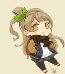  :o backpack bag bow brown_eyes brown_hair chibi dated hair_bow hands_in_pockets jacket leggings long_hair love_live! love_live!_school_idol_project minami_kotori mota one_side_up scarf skirt solo 