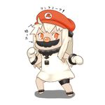 ahoge barefoot capriccyo cosplay dress facial_hair gloves hat horns kantai_collection mario mario_(cosplay) mario_(series) mittens mustache northern_ocean_hime red_eyes sleeveless sleeveless_dress solo super_mario_bros. super_smash_bros. translated white_dress white_hair white_skin 