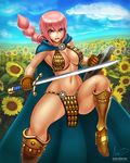  armor armored_boots bangs bikini_armor blue_sky boots breasts bridgeless_bra brown_gloves cape cloud d: day field floating_hair flower flower_field frown gladiator gloves halter_top halterneck high_heel_boots high_heels holding holding_sword holding_weapon hybridmink large_breasts leg_up loincloth long_hair looking_at_viewer midriff multi-tied_hair navel one_piece open_mouth outdoors pelvic_curtain pink_eyes pink_hair plant ponytail rebecca_(one_piece) shield sideboob signature sky solo spread_legs standing standing_on_one_leg sunflower sword thighs v-shaped_eyebrows watermark weapon web_address 