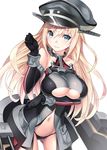  anchor bare_shoulders bismarck_(kantai_collection) black_gloves black_panties blonde_hair blue_eyes blush breasts cannon cleavage cleavage_cutout detached_sleeves gloves hat highres kantai_collection large_breasts lasa_(lasa1116) long_hair looking_at_viewer military military_uniform navel panties peaked_cap simple_background solo underboob underwear uniform white_background 