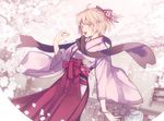  ahoge blonde_hair cherry_blossoms fate_(series) hakama japanese_clothes kimono koha-ace meiji_schoolgirl_uniform midou_(midooooooooh) okita_souji_(fate) okita_souji_(fate)_(all) pink_eyes purple_hakama scarf solo tree 