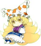  :o bad_id bad_pixiv_id blonde_hair chibi commentary_request fox_tail frills hands_in_opposite_sleeves hat hizuki_akira kyuubi multiple_tails pillow_hat short_hair solo tabard tail tassel touhou white_background yakumo_ran yellow_eyes 