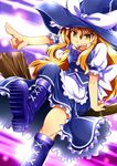 apron armband blonde_hair boots bow broom broom_riding cross-laced_footwear dress frilled_skirt frills hat hat_bow highres kirisame_marisa light_particles light_rays long_hair makumaxu pointing short_sleeves skirt solo touhou white_bow witch_hat yellow_eyes 