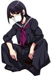  black_serafuku brown_eyes delinquent eyebrows_visible_through_hair full_body highres looking_at_viewer matsunaga_kouyou navy_blue_serafuku original school_uniform serafuku solo squatting sukeban 