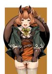  animal_ears blush body_writing bow breasts censored cleavage coat dress dress_lift gloves granblue_fantasy hair_bow karteira kirieppa medium_breasts no_panties open_mouth ponytail prostitution pussy red_eyes red_hair smile solo thighhighs white_legwear 