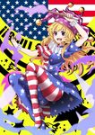 american_flag_dress american_flag_legwear arm_up ass blonde_hair breasts clownpiece fairy_wings fang hat high_heels highres jester_cap long_hair medium_breasts open_mouth pantyhose pink_eyes rihito_(usazukin) smile solo striped striped_legwear torch touhou upskirt very_long_hair wings wrist_cuffs 
