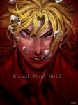  bad_id bad_pixiv_id blonde_hair bubble collared_shirt dio_brando earrings face fangs highres jewelry jojo_no_kimyou_na_bouken kubrick_stare male_focus portrait red_eyes sabanoue_marokkusu scar shirt signature solo underwater 