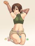  armpits arms_up bad_id bad_pixiv_id brown_eyes brown_hair closed_eyes final_fantasy final_fantasy_vii fingerless_gloves flat_chest gloves grin looking_at_viewer maou_alba materia midriff navel one_eye_closed ribbed_sweater seiza short_hair short_shorts shorts sitting smile solo sweater thighs yuffie_kisaragi 